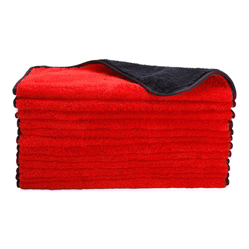 Dual-Faced Deluxe Microfiber Polishing Towel 820 GSM, 16"x16", Black & Red / Black Trim (60 pcs/cs)